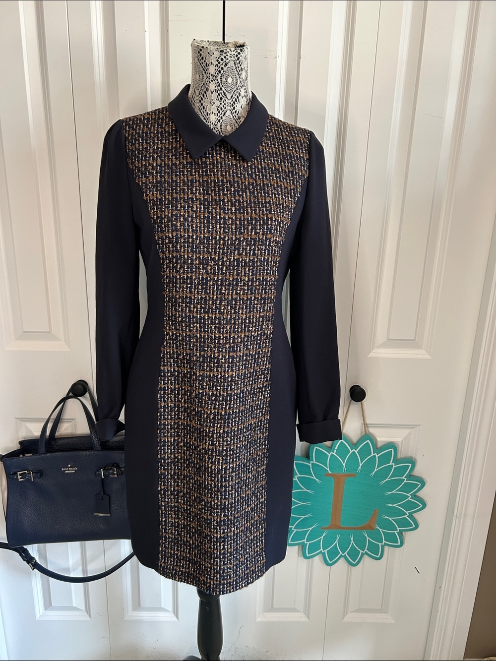 2ME Sophisticated Navy Sheath Dress with Textured Tweed Front - Small